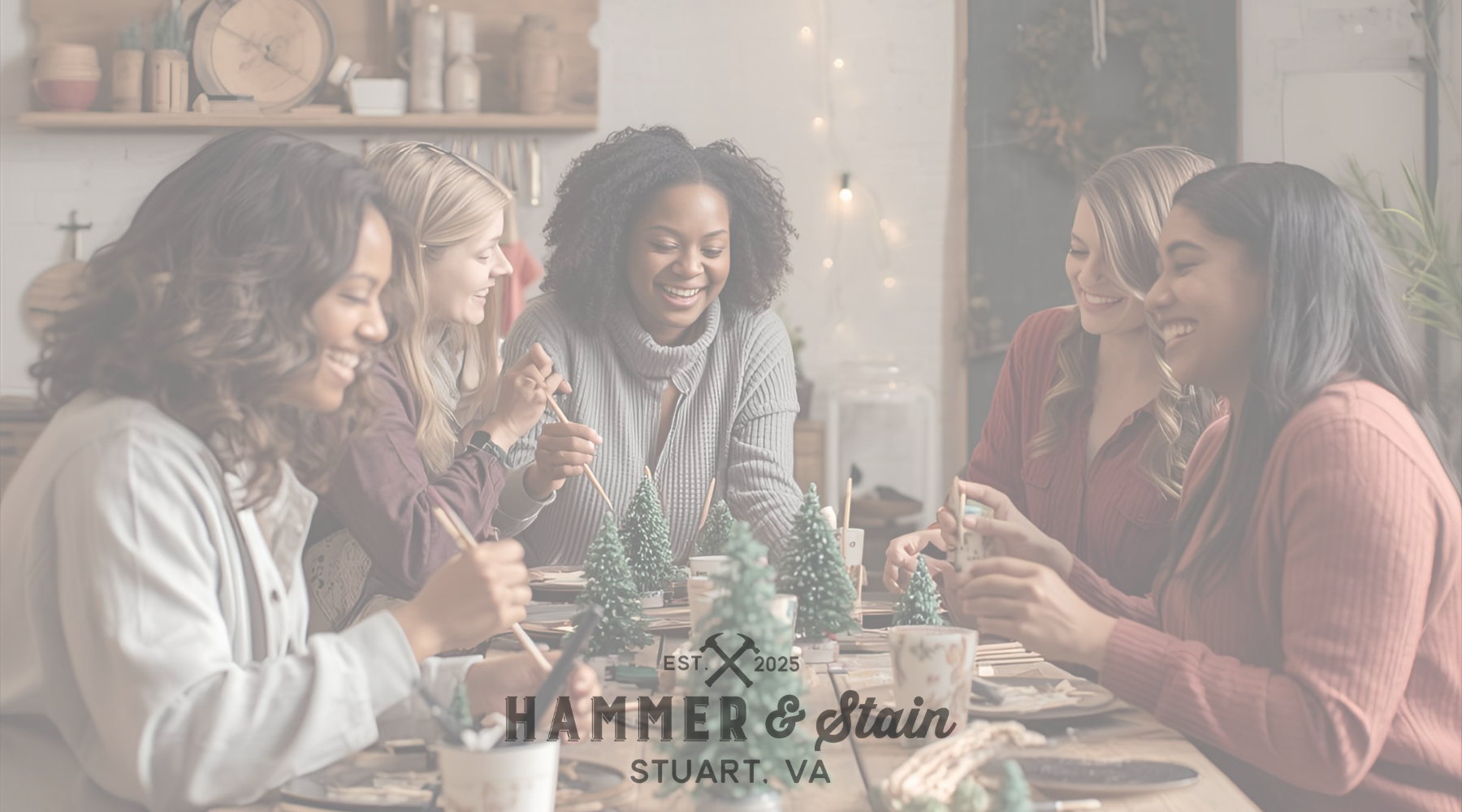 Group of women gathered around a table, possibly for a craft or social event, with 'Hammer & Stain' branding.